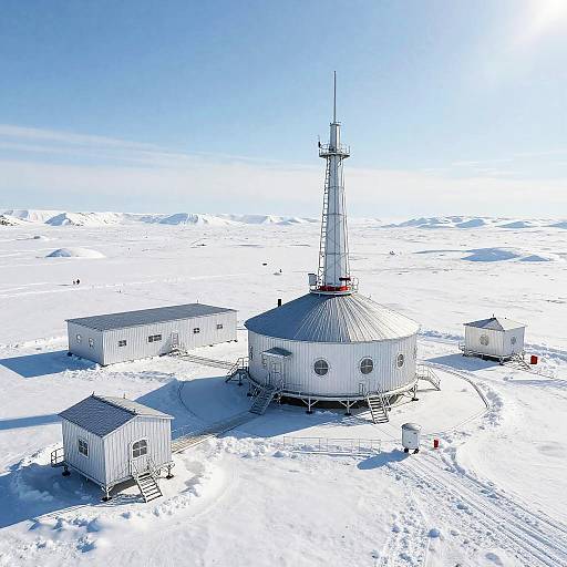 Aerial photograph of a snowy, white, circular radar station with a tall tower, surrounded by three smaller white buildings and red markers.