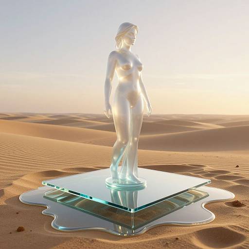 Photorealistic CGI of a glowing, nude, silver female statue standing on a glass platform in a sunlit desert. Reflection pool surrounds the base.