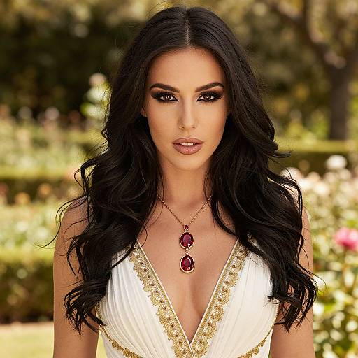 Photograph of a beautiful woman with long, wavy black hair, wearing a white, deep V-neck dress with gold trim, and a red gem