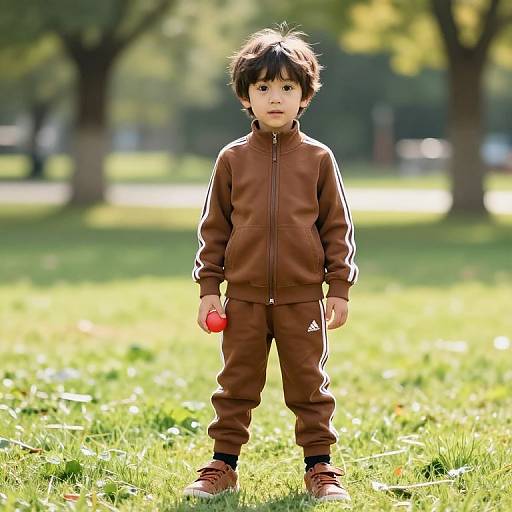 Photograph of a young boy with dark curly hair, wearing a brown track suit and red sneakers, holding a red ball, standing on a sunlit