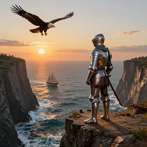 Knight in silver armor stands on cliff at sunset, eagle flying above, ship on waves below, dramatic ocean horizon. Digital art.