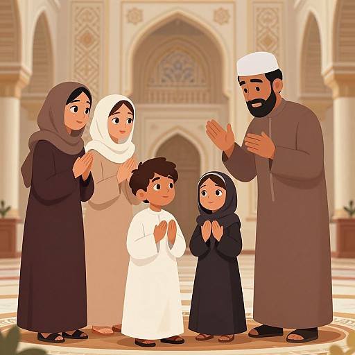 Digital illustration of a Muslim family in traditional attire, praying together in an ornate mosque with arched windows and intricate patterns.