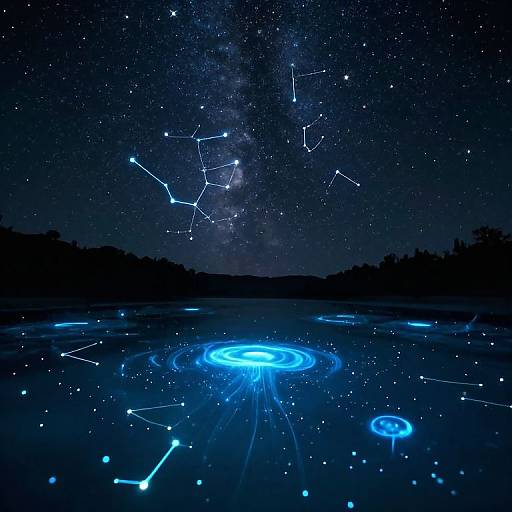 Photograph of a night sky with constellations, Milky Way, and glowing blue light patterns on a reflective, dark water surface.