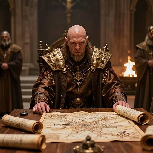 Photograph of a bald, stern-looking, elderly wizard with a long beard, wearing ornate, dark medieval robes, studying a detailed, rolled map