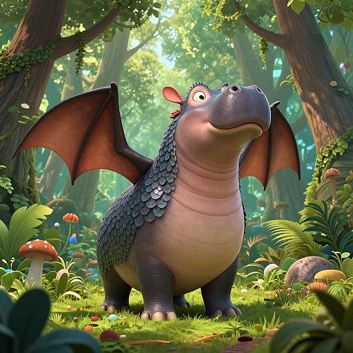 CGI image of a cute, chubby dragon with blue scales, pink underbelly, and red bat-like wings standing in a lush, sunlit