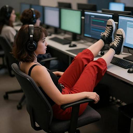 Relaxed Hacker Woman in Control Room