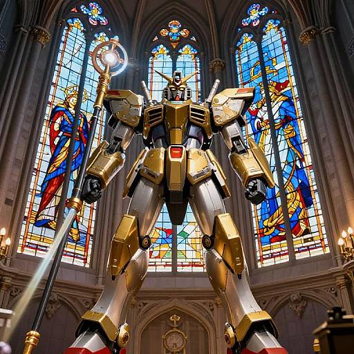 Photograph of a towering, gold and silver robotic figure standing in a grand cathedral with colorful, intricate stained glass windows in the background.