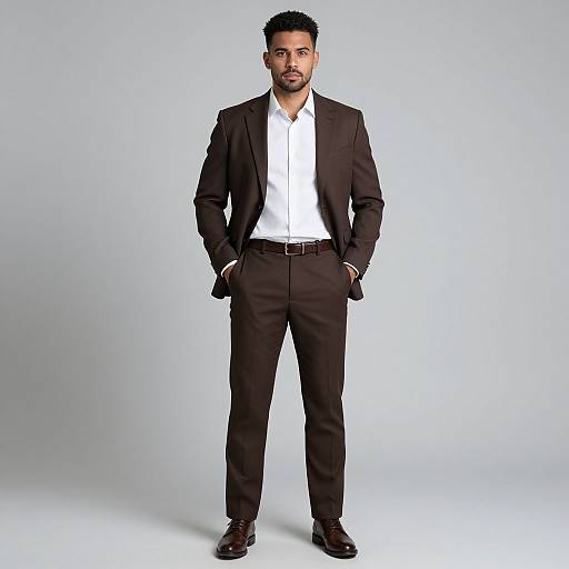 Photograph of a handsome, dark-haired man with a beard, wearing a black suit, white shirt, and black shoes, standing confidently with hands in