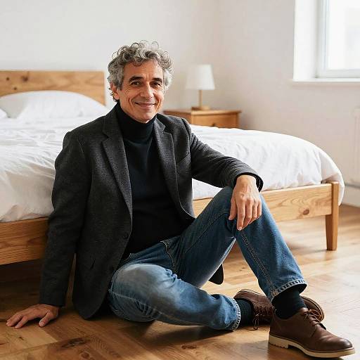 Photograph of a smiling middle-aged man with curly gray hair, wearing a black blazer, dark turtleneck, jeans, and brown shoes,