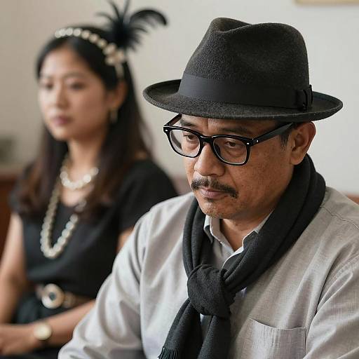 Man in Fedora and Glasses with Woman in Vintage Accessories
