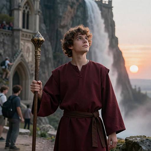 Young Man in Maroon Robe Holding Staff Near Waterfall