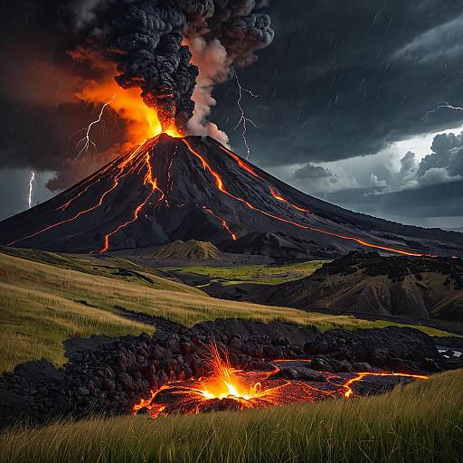 Dramatic Volcanic Eruption Under Stormy Sky