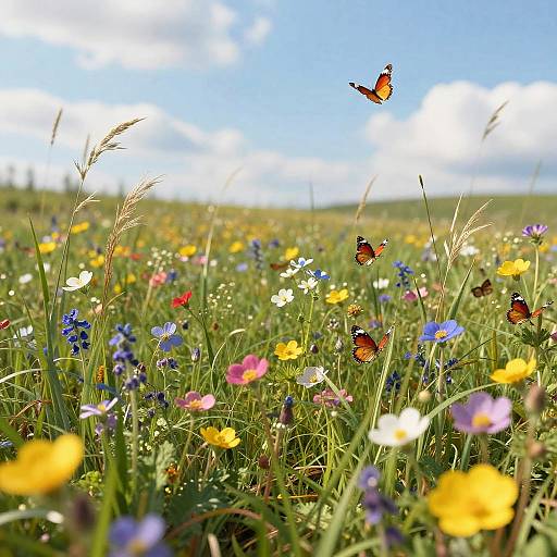 Photograph of a vibrant meadow filled with colorful wildflowers, including yellow, blue, and pink blossoms, under a bright blue sky. A