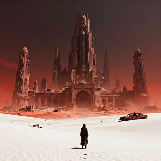 Digital artwork of a dark, gothic castle with towering spires against a red sky, silhouetted by a lone figure in the foreground.