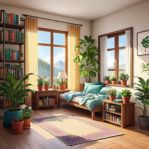 Cozy Indoor Bedroom Scene with Plants