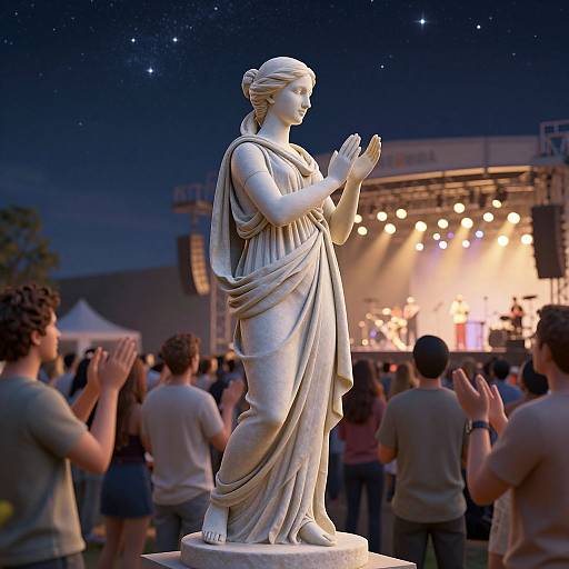 Photograph of a white marble statue of a classical Greek woman with hands clasped, standing outdoors under a starry night sky, with a crowd cl