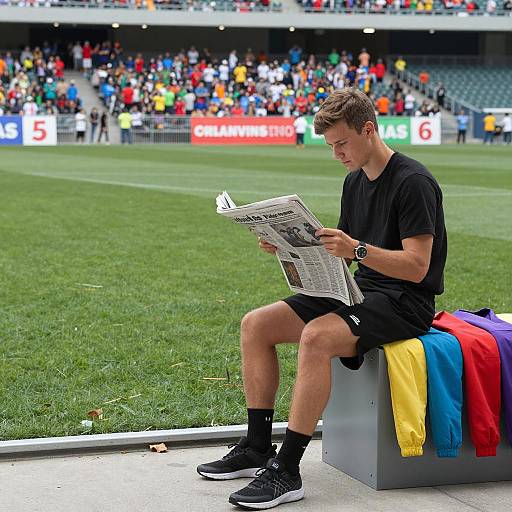 Young Man Reading in Colorful Stadium