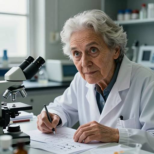 Photograph of an elderly white man with white hair, wearing a white lab coat, writing in a notebook at a laboratory desk with a microscope in the
