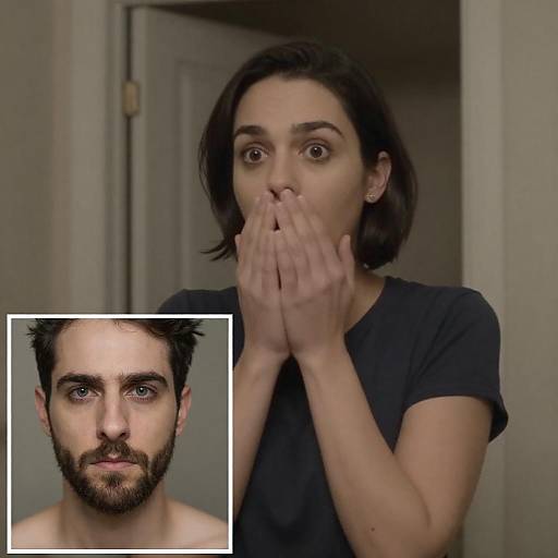 Surprised Woman with Inset Portrait of Intense Man