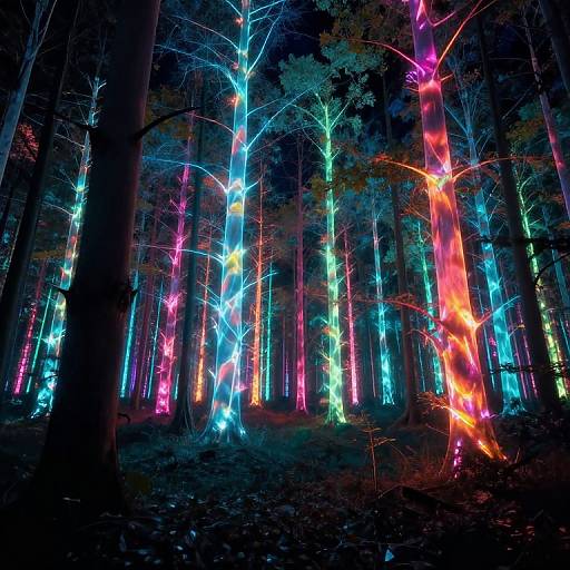 Photograph of a forest at night, illuminated by vibrant, multicolored light trails on tree trunks, creating a magical, neon-lit atmosphere