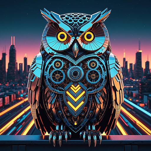 Mechanical Chrome Owl with Neon Cityscape