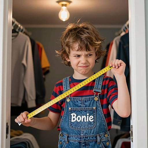 Child Measuring with Tape in Closet Doorway