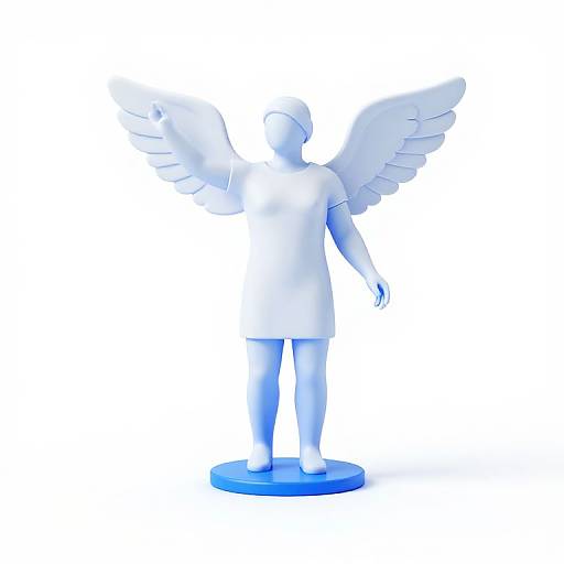 White, faceless, winged angel statue with short dress, standing on blue base, against white background, digital rendering.