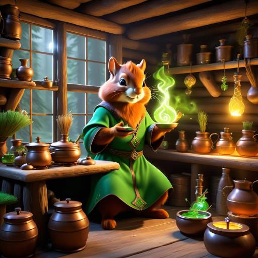 Squirrel Herbalist Brewing Potions in Cabin
