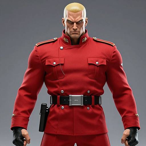 CGI image of a muscular, bald, stern-faced man in a red military uniform with black gloves and belt, standing against a gradient grey background.