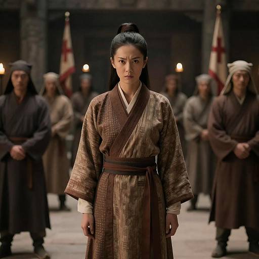 Intense East Asian Woman in Ancient Room