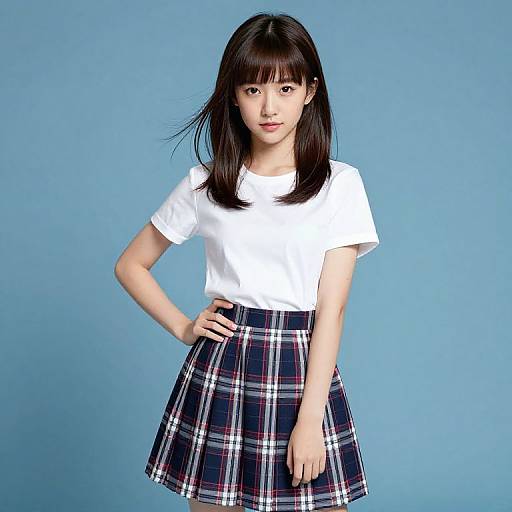 Photograph of an East Asian woman with straight black hair, wearing a white t-shirt and a plaid skirt, standing against a blue background. She
