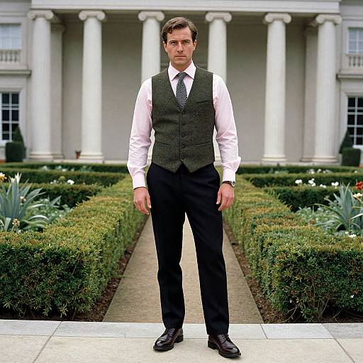Photograph of a serious-looking man in a white shirt, black vest, and tie, standing in front of a white-columned building with manicured