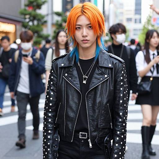 Photograph of a young Asian woman with bright orange hair and blue highlights, wearing a black leather jacket with silver studs, standing in a busy urban street