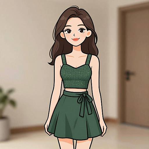 Digital anime-style drawing of a smiling young woman with dark brown hair, wearing a green crop top and skirt, standing in a blurred indoor room.