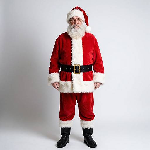 Photograph of a white-bearded Santa Claus in a red velvet suit with white fur trim, black belt, and black boots, standing against a plain