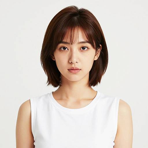 Photograph of an East Asian woman with short black hair, wearing a white sleeveless top, against a plain white background.