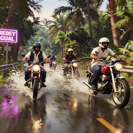 Photograph of five motorcyclists splashing through a rain-soaked tropical road, palm trees in background, neon 