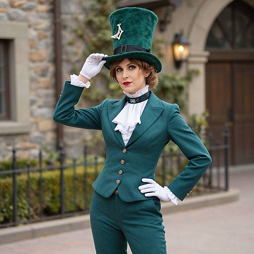 Photograph of a woman in a green top hat and matching suit, white gloves, and ruffled white shirt, standing outdoors in front of a stone