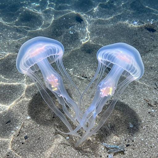 Photograph of two glowing, translucent jellyfish with white luminescent bell and tentacles, floating on a sandy ocean floor beneath sunlight.