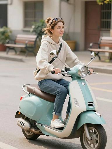 Carefree Woman on Vintage Turquoise Scooter