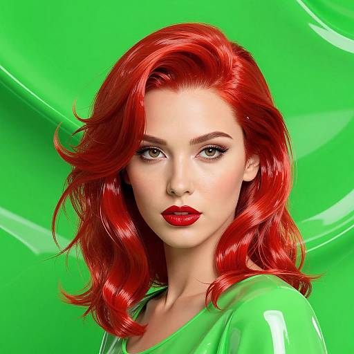 Digital portrait of a fair-skinned woman with vibrant red, wavy hair, bold red lipstick, green background, and green top.