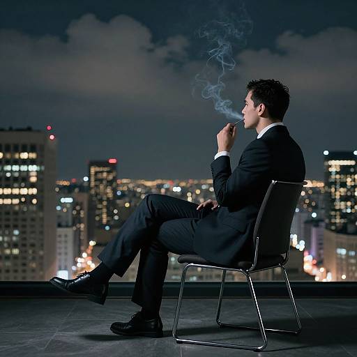 Photograph of a man in a black suit, smoking, sitting on a chair at night, with a city skyline and illuminated buildings in the background.
