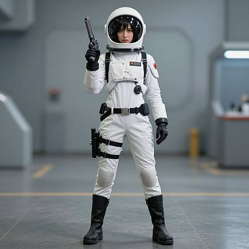 Photorealistic CGI of an Asian woman in a white astronaut suit, black boots, and helmet, holding a gun, standing confidently in a gray,