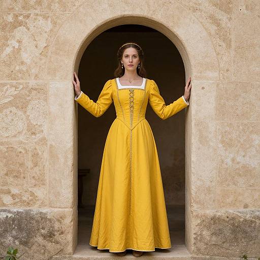 Photograph of a woman in a bright yellow, long-sleeved, medieval-style dress, standing in a stone archway, hands on sides.