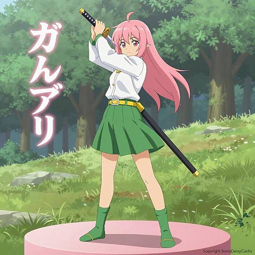 Confident Pink-Haired Anime Warrior on Hill