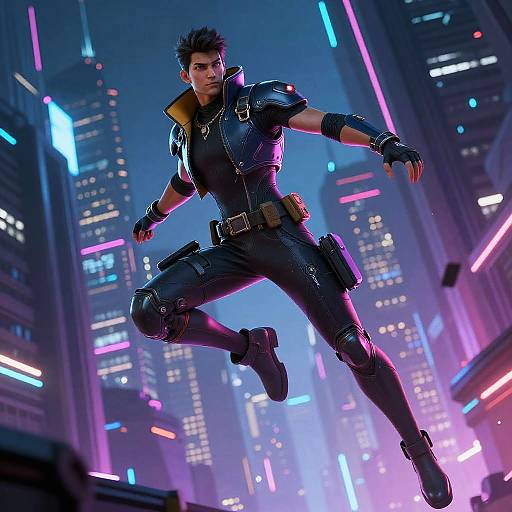 Cyberpunk action scene: muscular man with black spiky hair, leather outfit, and gloves, mid-leap in neon-lit futuristic cityscape