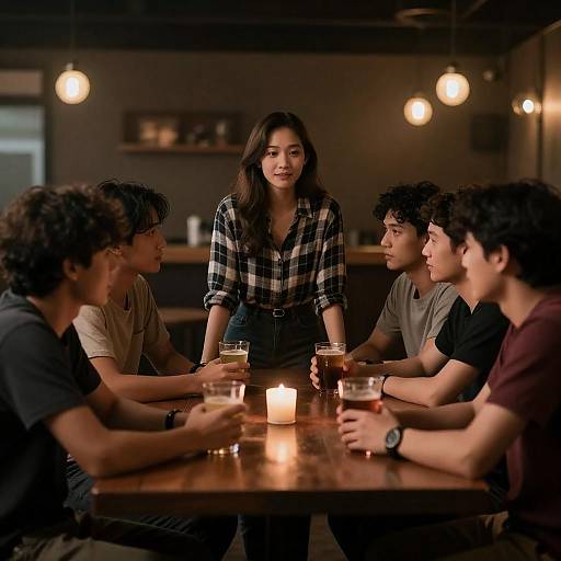 Candid Candlelit Bar Conversation Among Friends