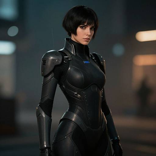 Photograph of a woman with short black hair in a sleek, black, form-fitting, futuristic armor suit, standing in a dimly lit urban