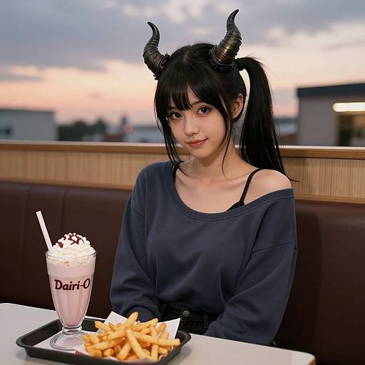 Photograph of an Asian woman with black horns, pigtails, off-shoulder navy shirt, sitting in a diner at sunset, with a
