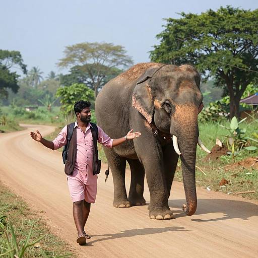Man and Elephant Strolling in Nature